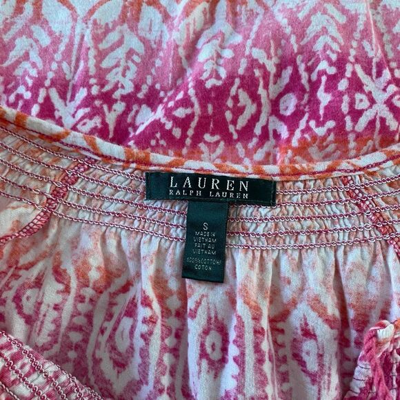 Lauren Ralph Lauren Top Small Pink Orange Ikat Print Tassel Peasant Blouse Boho - Picture 3 of 5